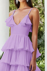 Lila Spaghettiträger Gestuftes Chiffon Abendkleid in A-Linie